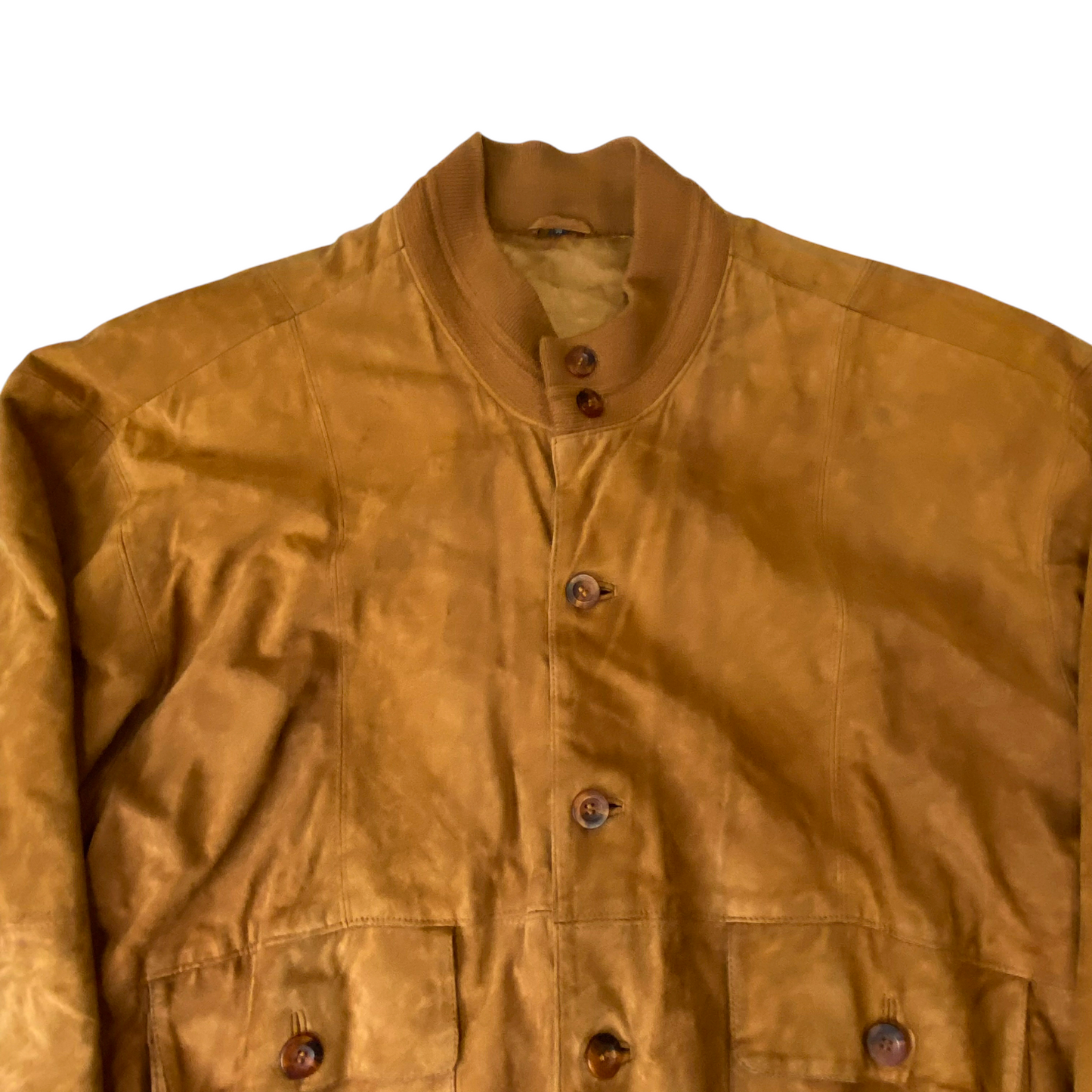 Bomber Jacket Mens Large Brown Suede Leather Pockets Long Sleeve Button Front