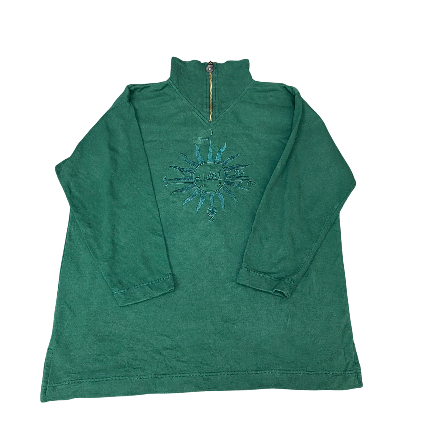Jumper Mens Medium Green Embroidered Long Sleeve High Neck 1/4 Zip Pullover