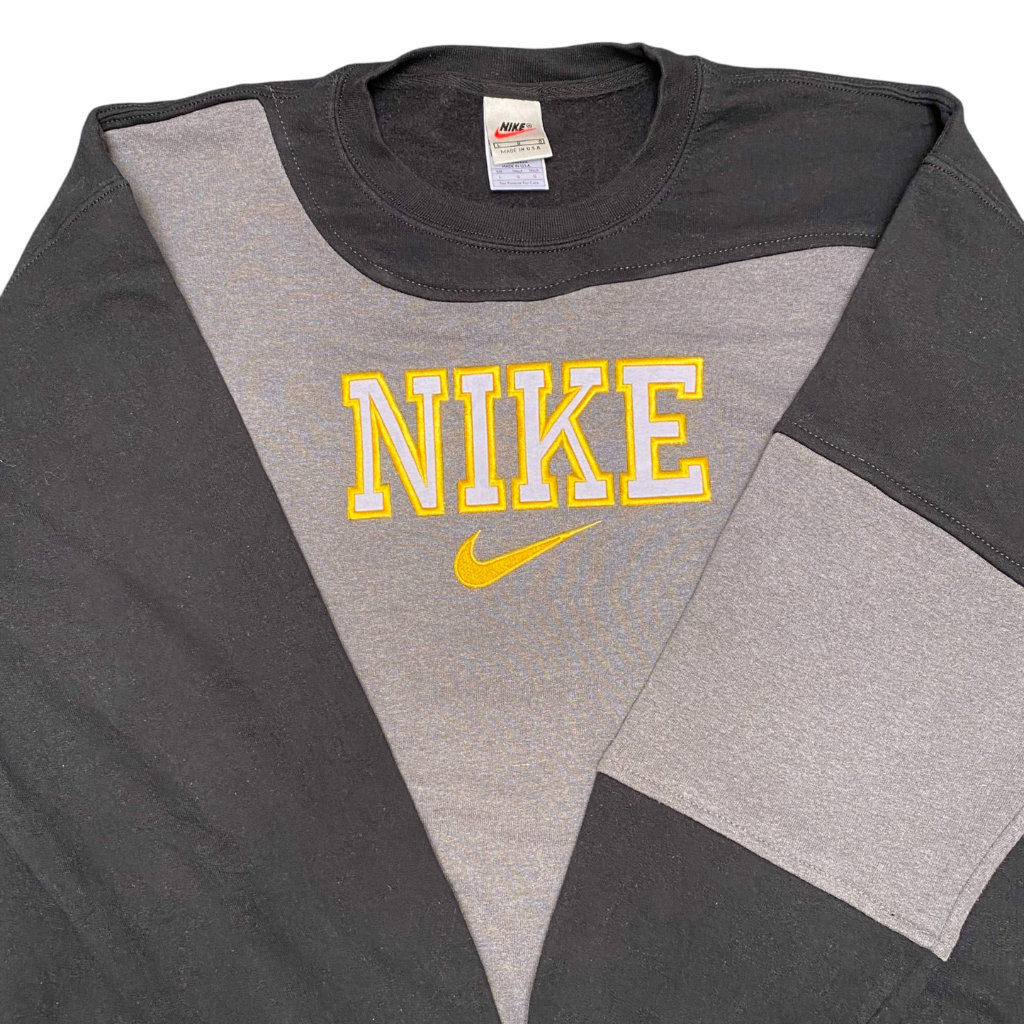 Nike Reworked Sweatshirt Mens L Black Grey Embroidered Spellout Logo Crew Neck