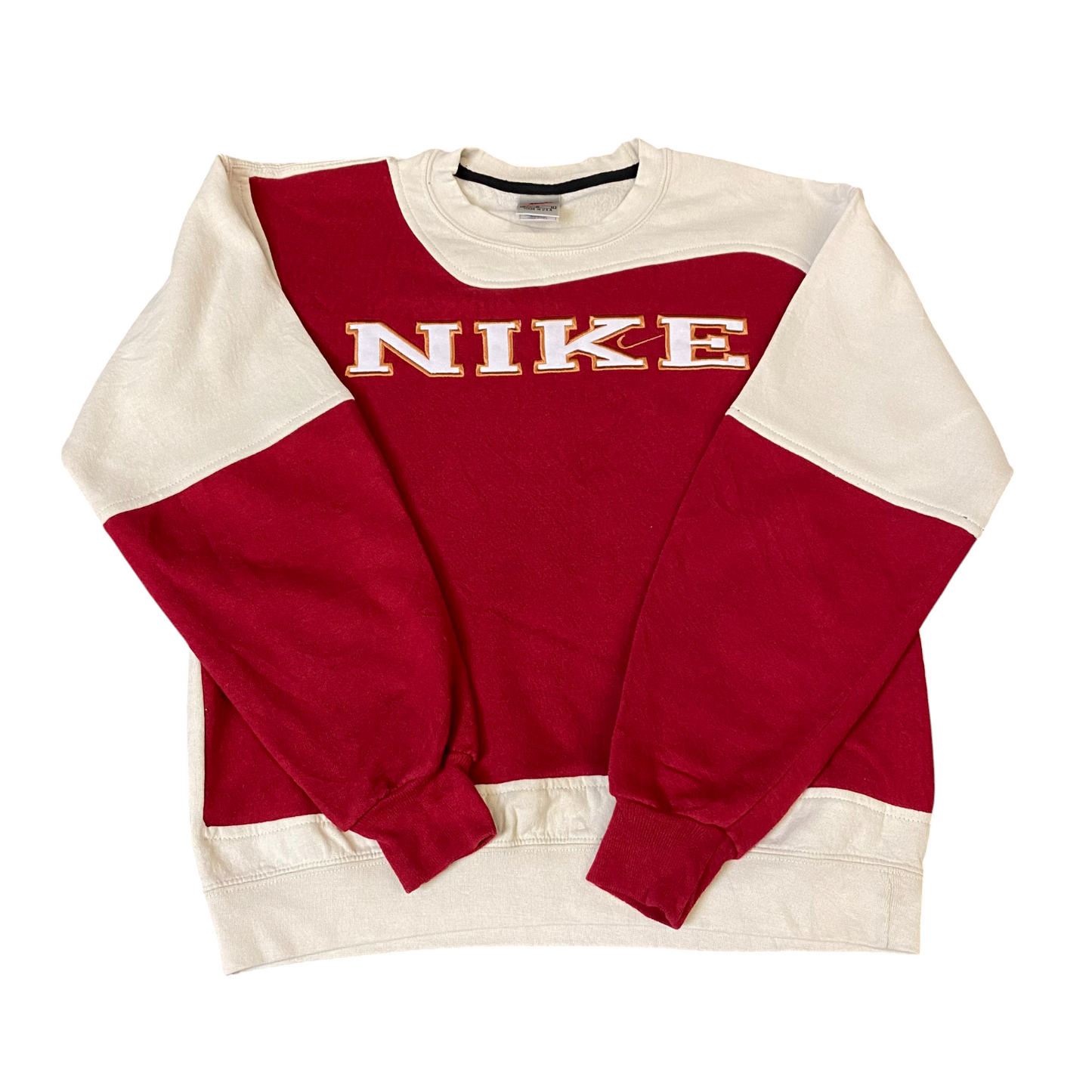 Nike Reworked Sweatshirt Mens M Red Beige Embroidered Spellout Logo Vintage Y2K
