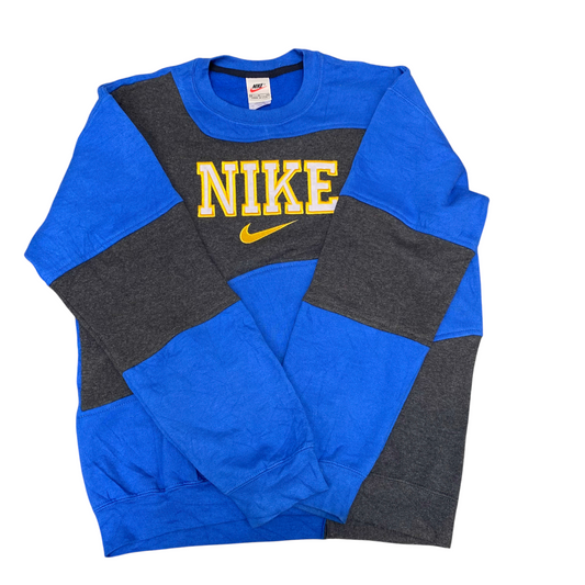 Nike Reworked Sweatshirt Mens Medium Blue Grey Embroidered Spell Out Logo Y2K