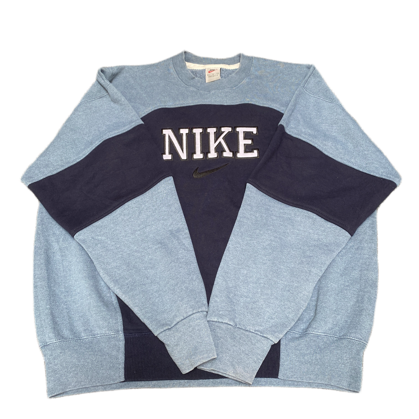 Nike Reworked Sweatshirt Mens XL Navy Blue Embroidered Spellout Logo Vintage Y2K