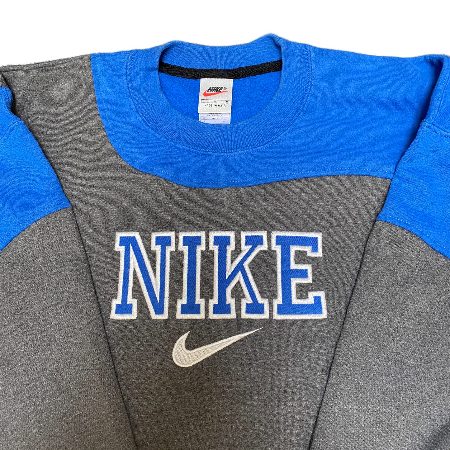 Nike Reworked Sweatshirt Mens L Blue Grey Embroidered Spellout Logo Vintage Y2K