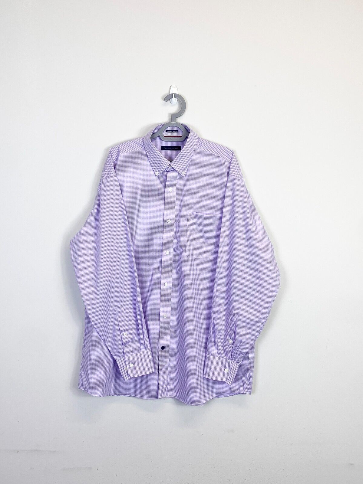 Tommy Hilfiger Shirt Men XL Purple Checkered Pockets Casual Collared Button Down