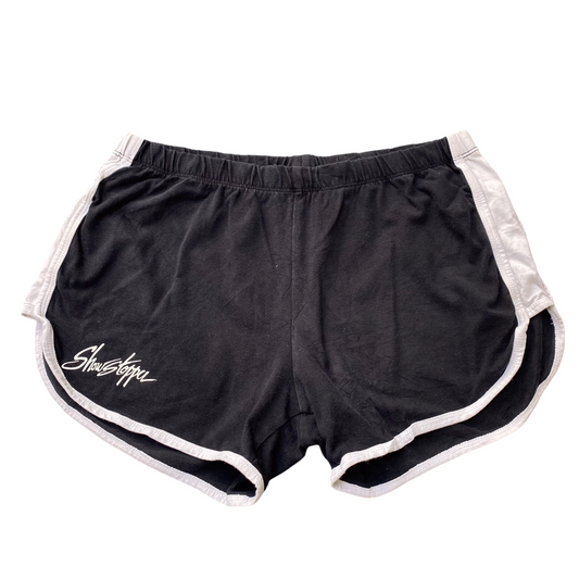 Showstopper Sprinter Running Shorts 28W Black Elastic Waist Dolphin Hem Athletic