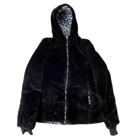 Womens Faux Fur Jacket Medium Black Soft Plush Lined Long Sleeve Hooded Full Zip