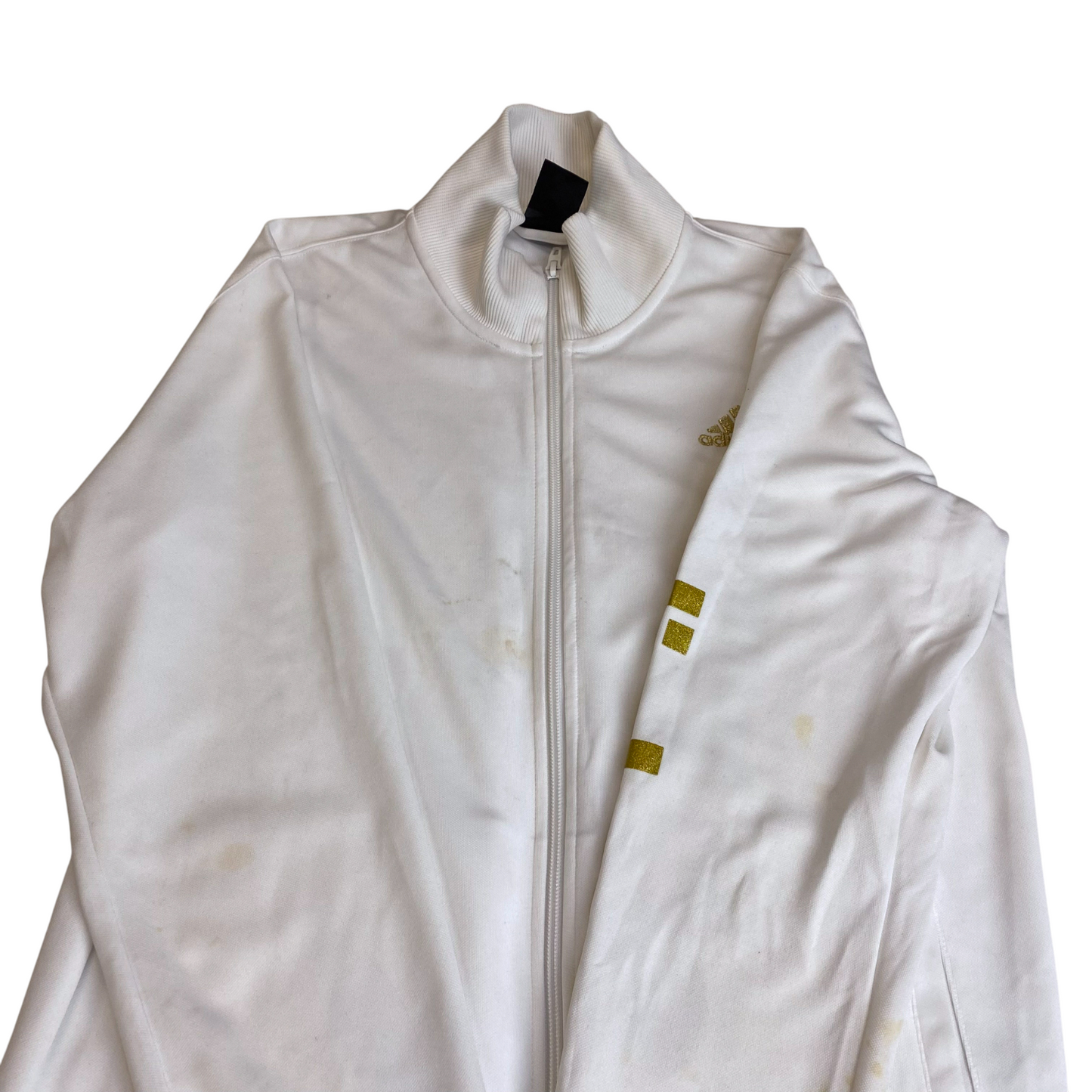 Adidas Track Jacket Mens M White Gold Glitter Logo Gym Training Outdoor Full Zip