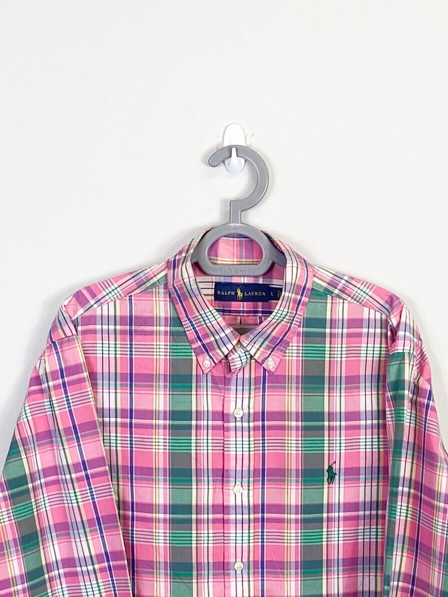 Ralph Lauren Shirt Mens Large Pink Plaid Long Sleeve Small Green Polo Pony Logo