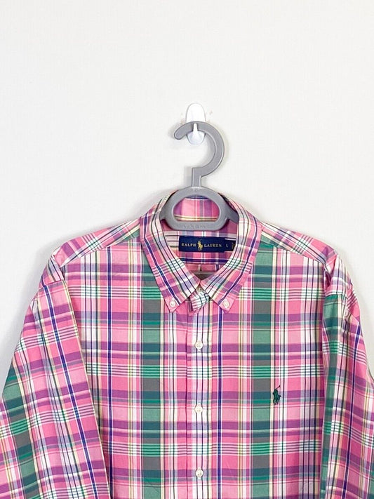 Ralph Lauren Shirt Mens Large Pink Plaid Long Sleeve Small Green Polo Pony Logo