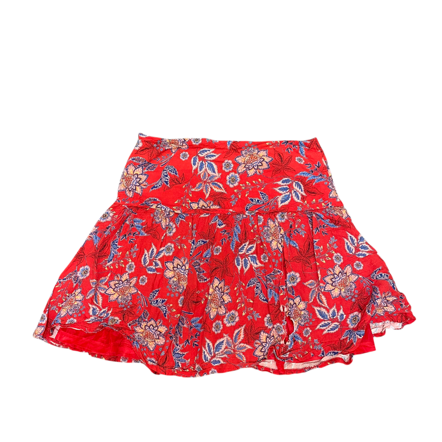 Etam Mini Skirt Women's S Red Blue Floral Print Lined Ruffle Hem High Waisted