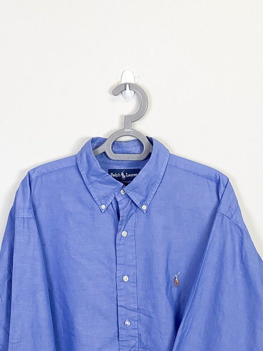 Ralph Lauren Dress Shirt Men XL Blue Cotton Pinpoint Oxford Brown Polo Pony Logo