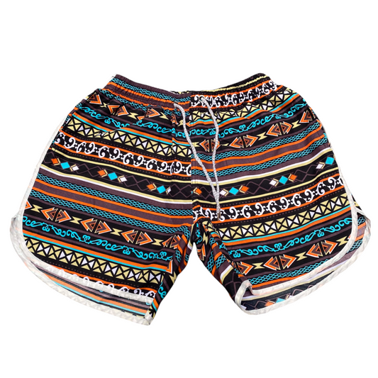 Board Shorts Medium Brown Boho Print Beach Elastic Waist Drawstring Dolphin Hem