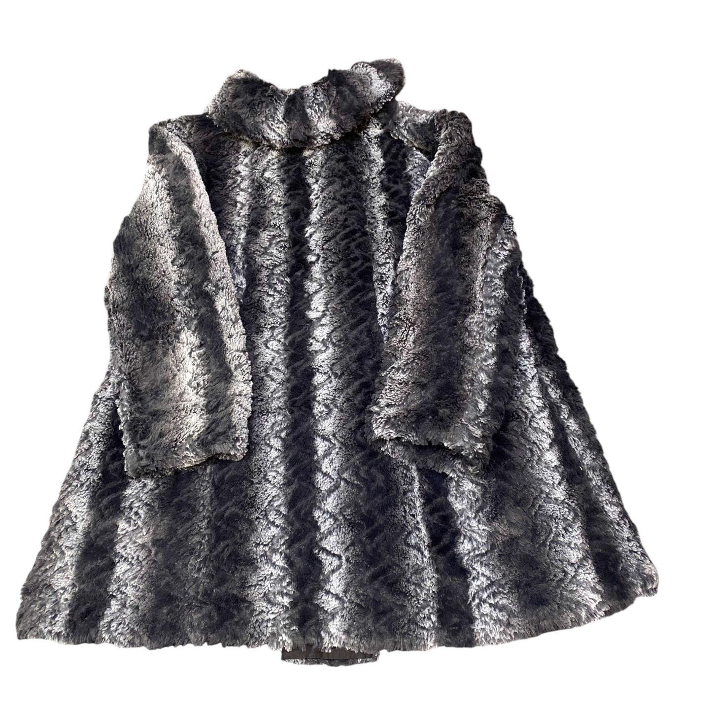 Womens Faux Fur Coat Large Grey White Striped Long Sleeve Collared Button Front