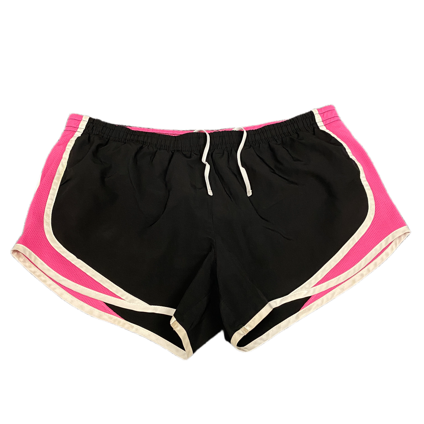 Running Shorts Womens L 32" Waist Pink Black Mesh Panel Dolphin Hem Drawstring