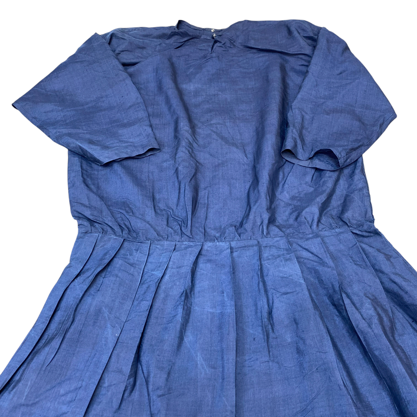 Womens Midi Dress L Blue Solid Pleated Long Sleeve Keyhole Round Neck Pullover