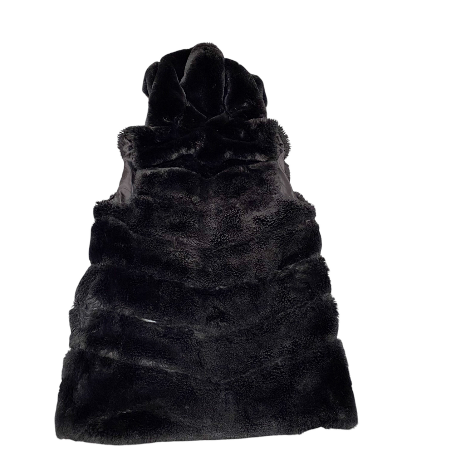 Fashion Faux Fur Vest Womens S/M Black Satin Lined Lightweight Sleeveless Hooded