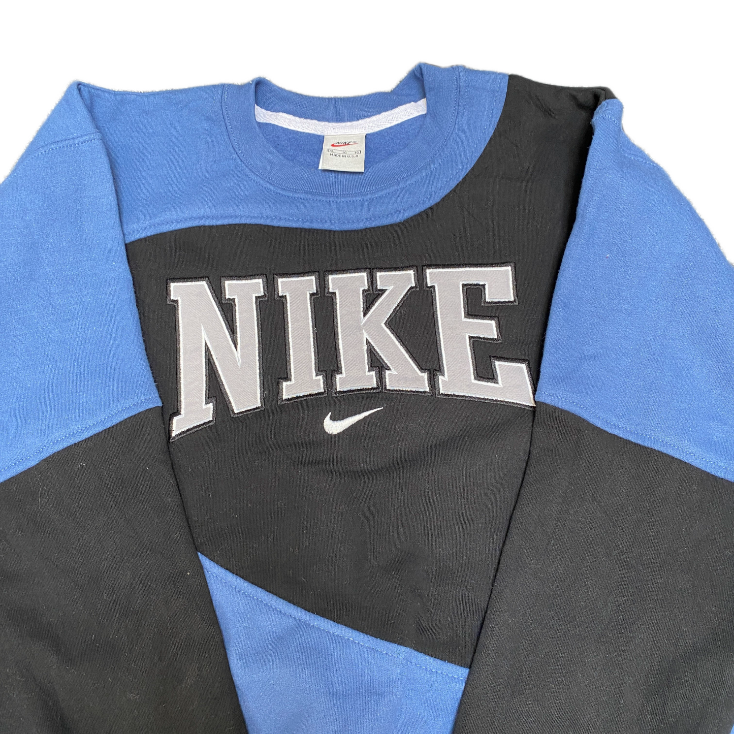 Nike Reworked Sweatshirt Men XL Black Blue Embroidered Spellout Logo Vintage Y2K