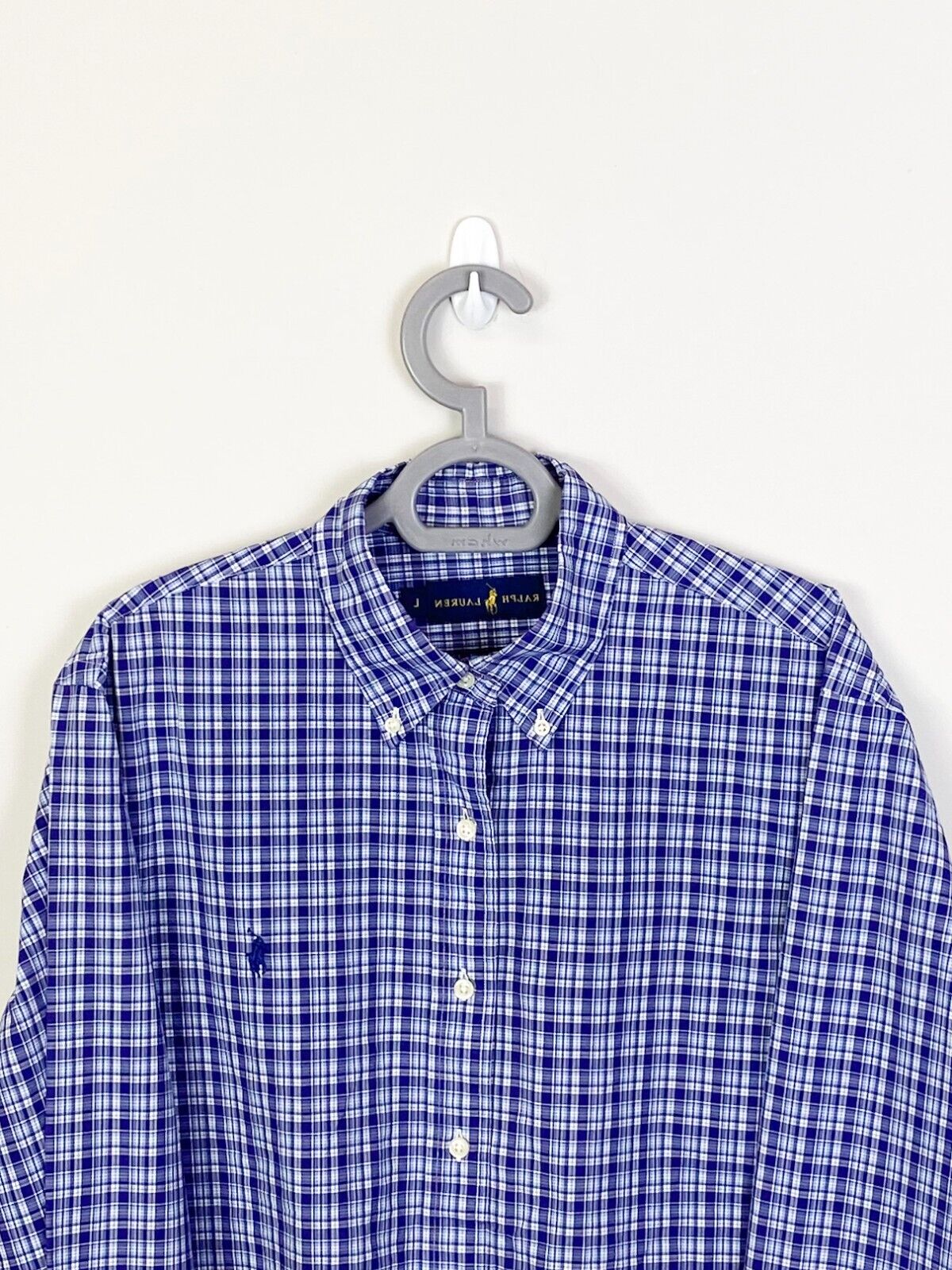 Ralph Lauren Shirt Womens L Purple Plaid Long Sleeve Blue Small Polo Pony Logo