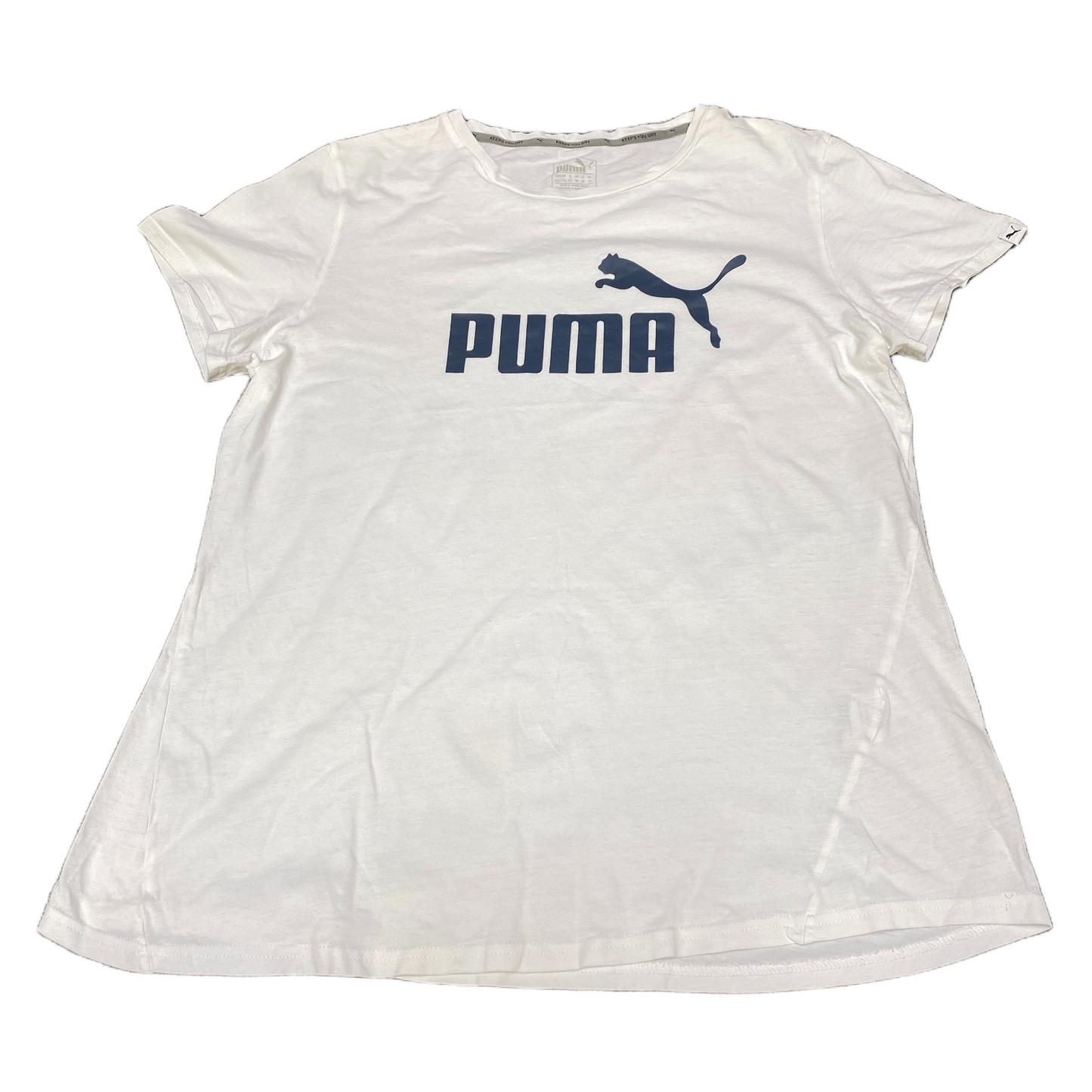 PUMA Essentials T-Shirt Women M White Graphic Logo Regular Fit Short Sleeve Tee