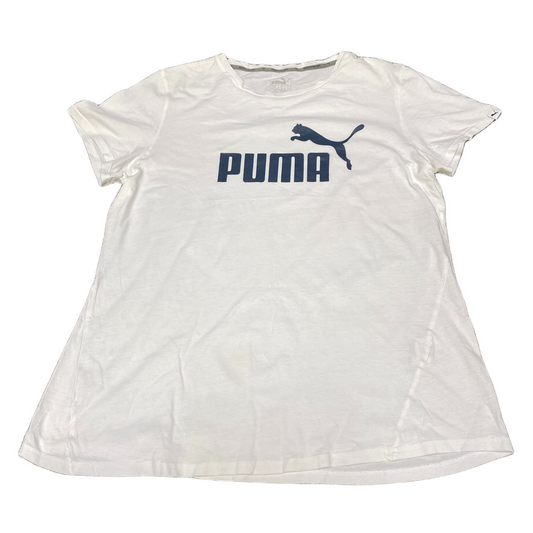 PUMA Essentials T-Shirt Women M White Graphic Logo Regular Fit Short Sleeve Tee