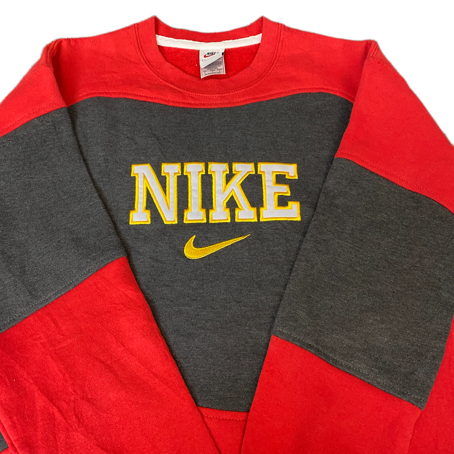 Nike Reworked Sweatshirt Mens S Red Black Embroidered Spellout Logo Vintage Y2K