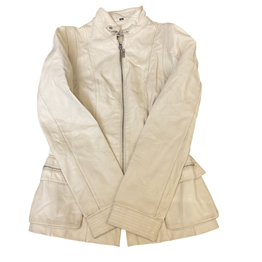 Womens Faux Leather Biker Jacket Small Beige Fully Lined Long Sleeve Full Zip