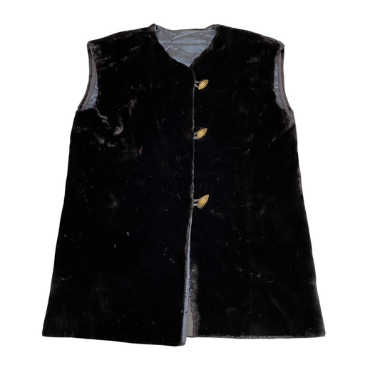 Womens Faux Fur Vest Small Black Lined Sleeveless V-Neck Gold-Toned Button Front