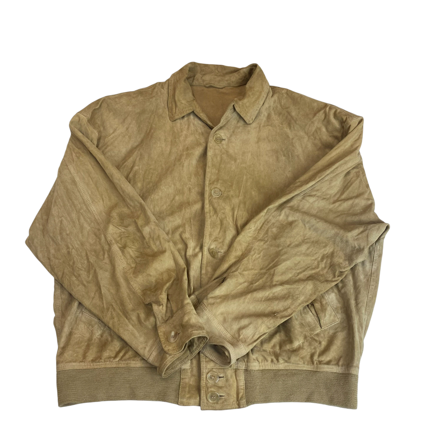 Jacket Mens L Green Suede Leather Pockets Long Sleeve Collared Button Front