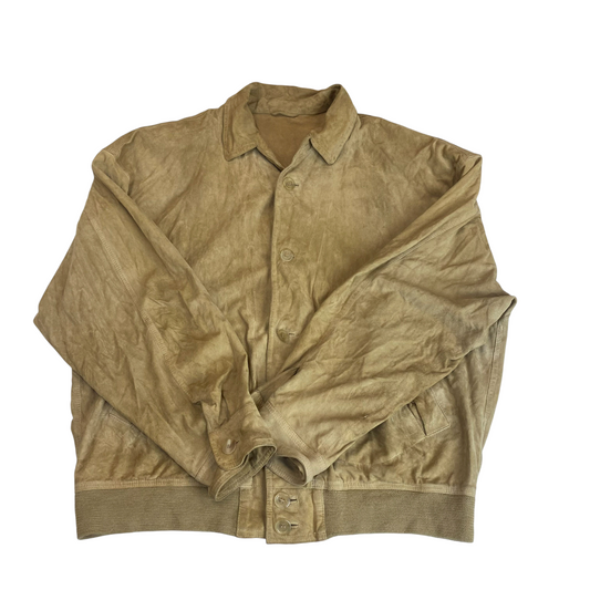 Jacket Mens L Green Suede Leather Pockets Long Sleeve Collared Button Front