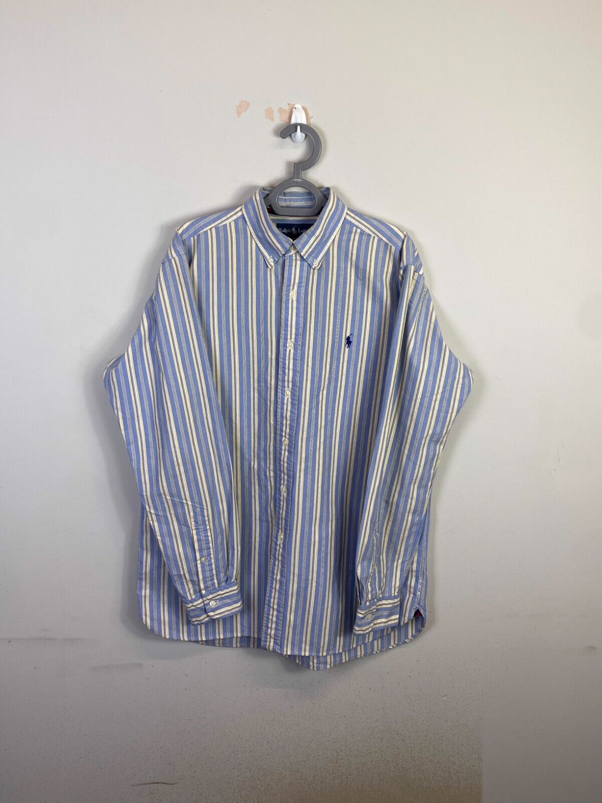 Ralph Lauren Shirt Men Medium Blue Striped Classic Fit Small Blue Polo Pony Logo