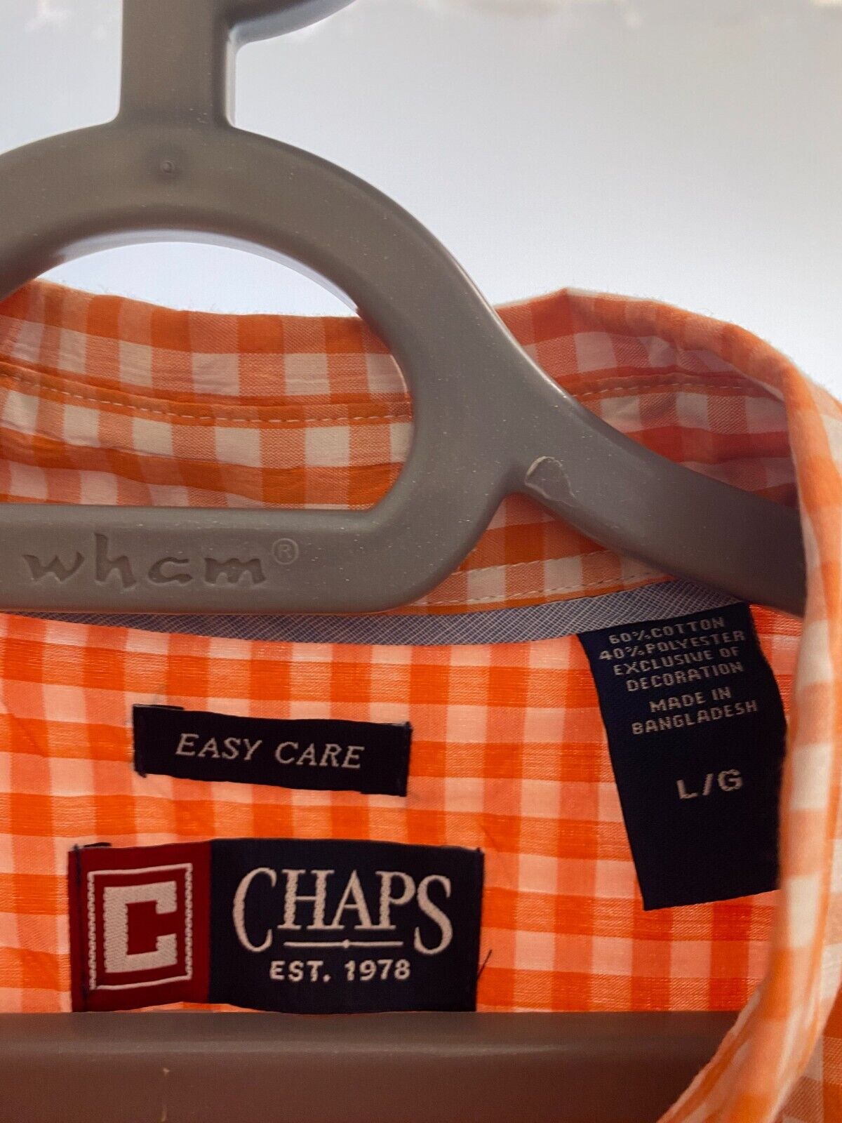 Chaps Shirt Mens L Orange Checkered Cotton Easy Care Collared Casual Button Down