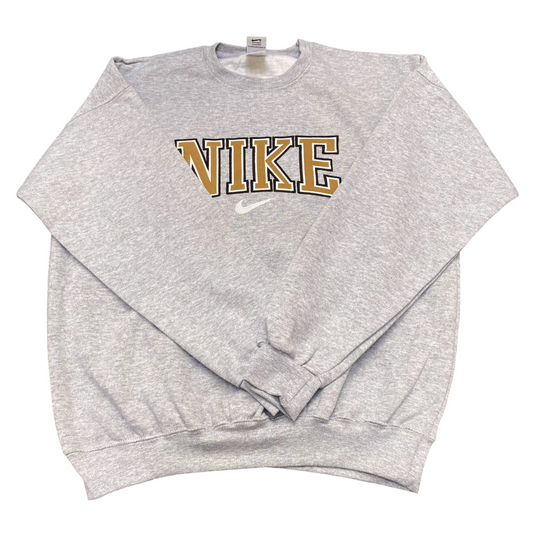 Nike Reworked Sweatshirt Mens Medium Grey Embroidered Spellout Logo Crew Neck