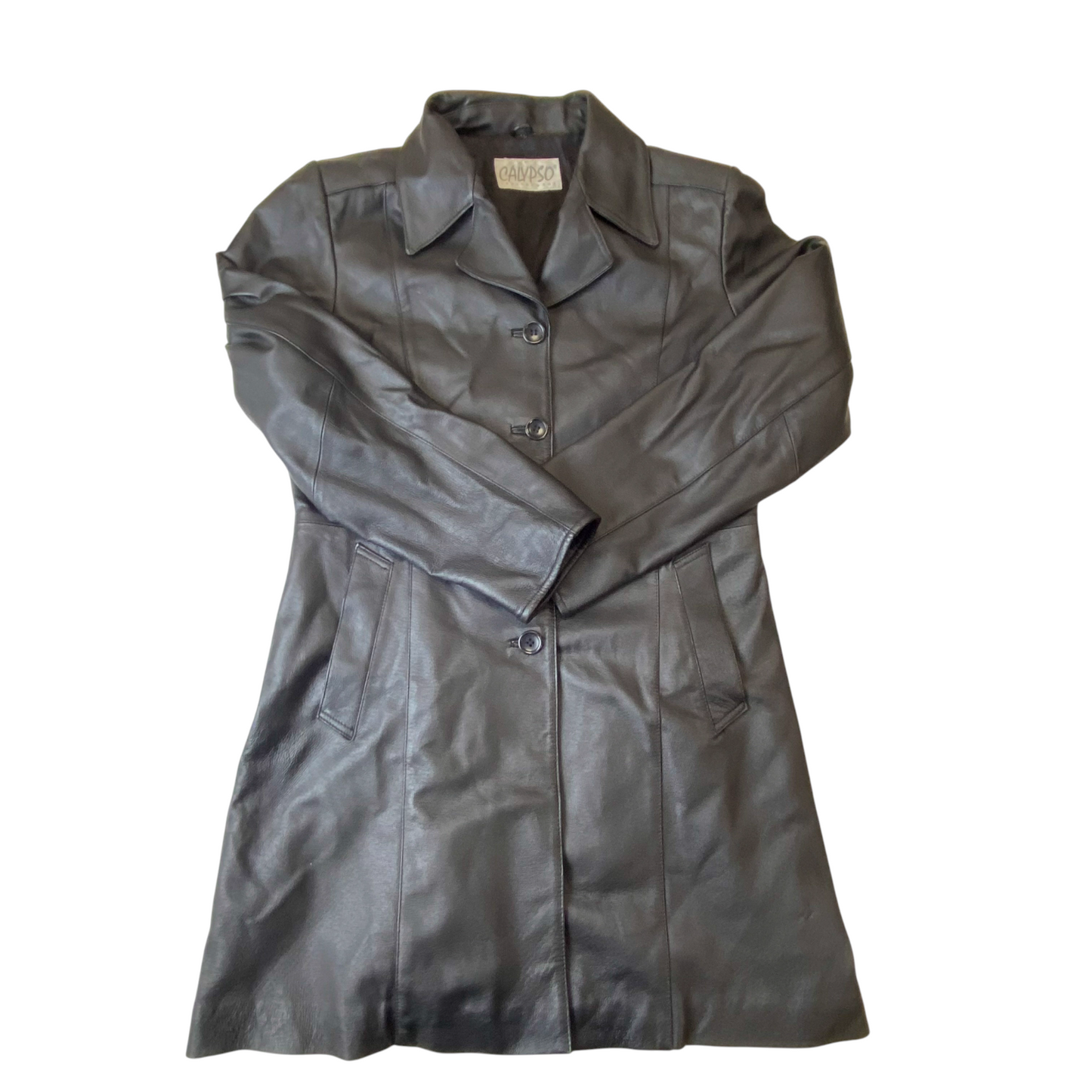 Calypso Leather Wear Trench Coat Womens M Black Lined Notch Collar Button Front