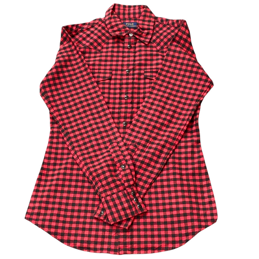 Ralph Lauren Shirt Womens XS Red Black Checkered Western Pocket Collar Button Up