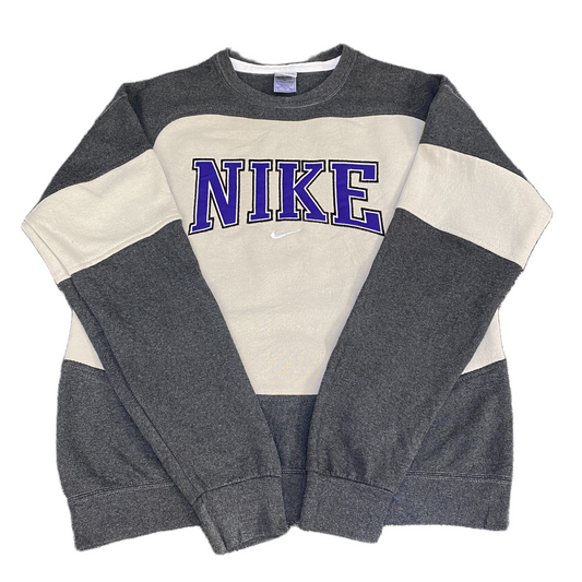 Nike Reworked Sweatshirt Mens M Ivory Grey Embroidered Spellout Logo Vintage Y2K