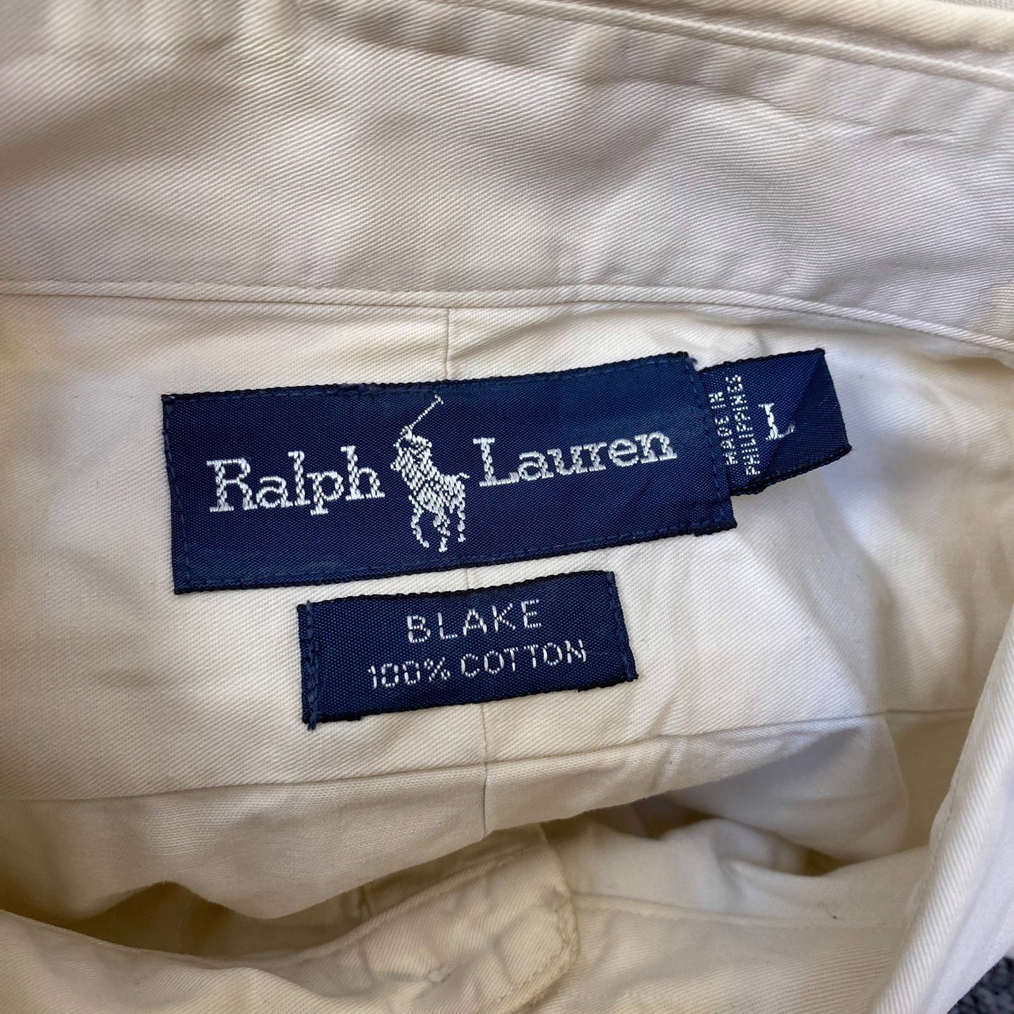 Ralph Lauren Shirt Mens L Cream Blake Long Sleeve Blue Pony Logo Button Down