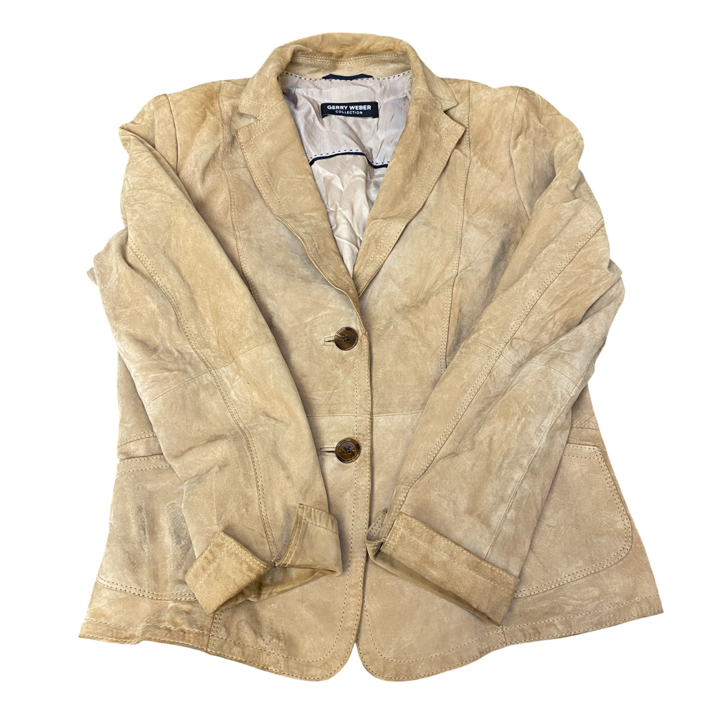 Gerry Weber Suede Leather Blazer Jacket Women Medium Brown Lined Single Breasted