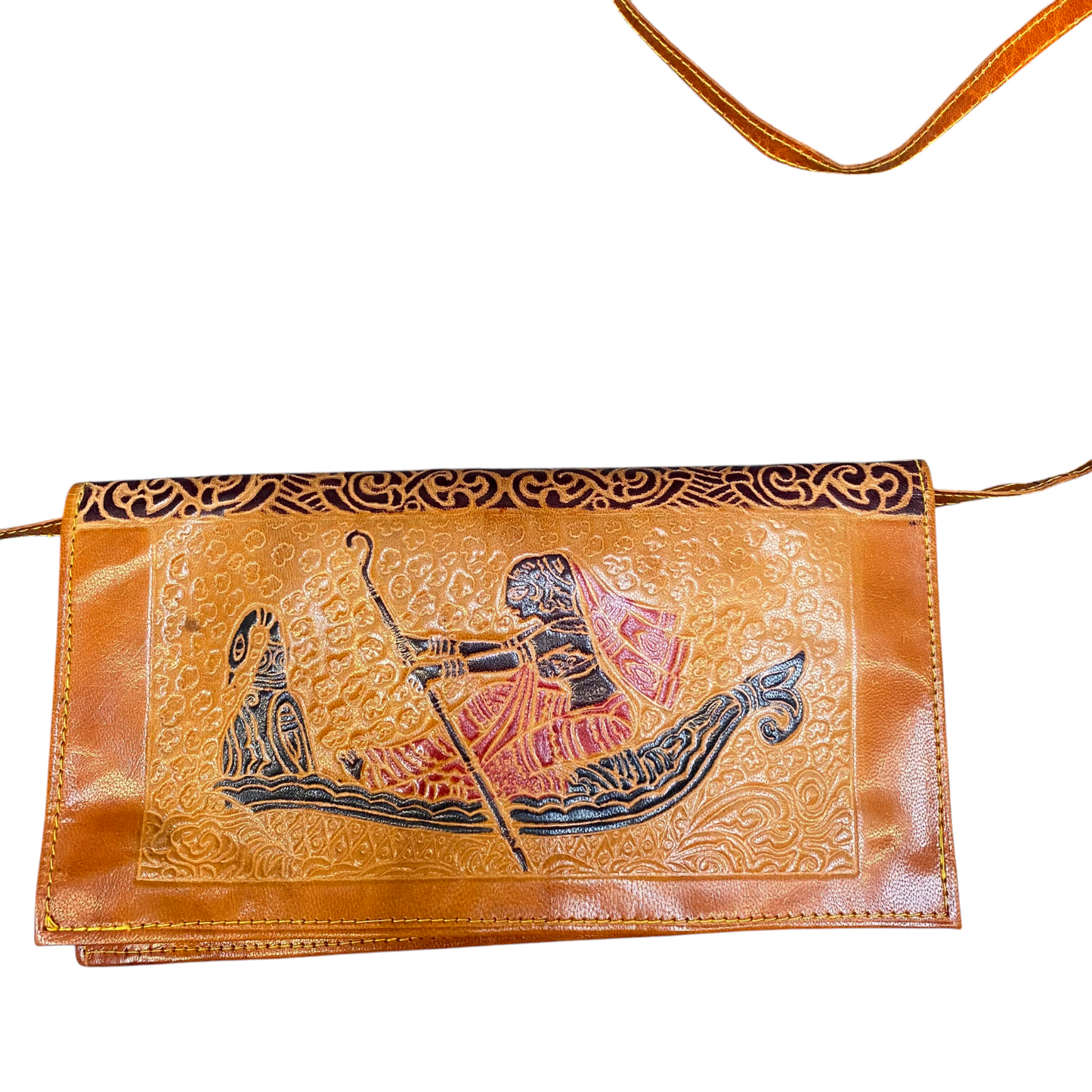 Vintage Womens Crossbody Purse Brown Tooled Santiniketan Leather Handmade Snap