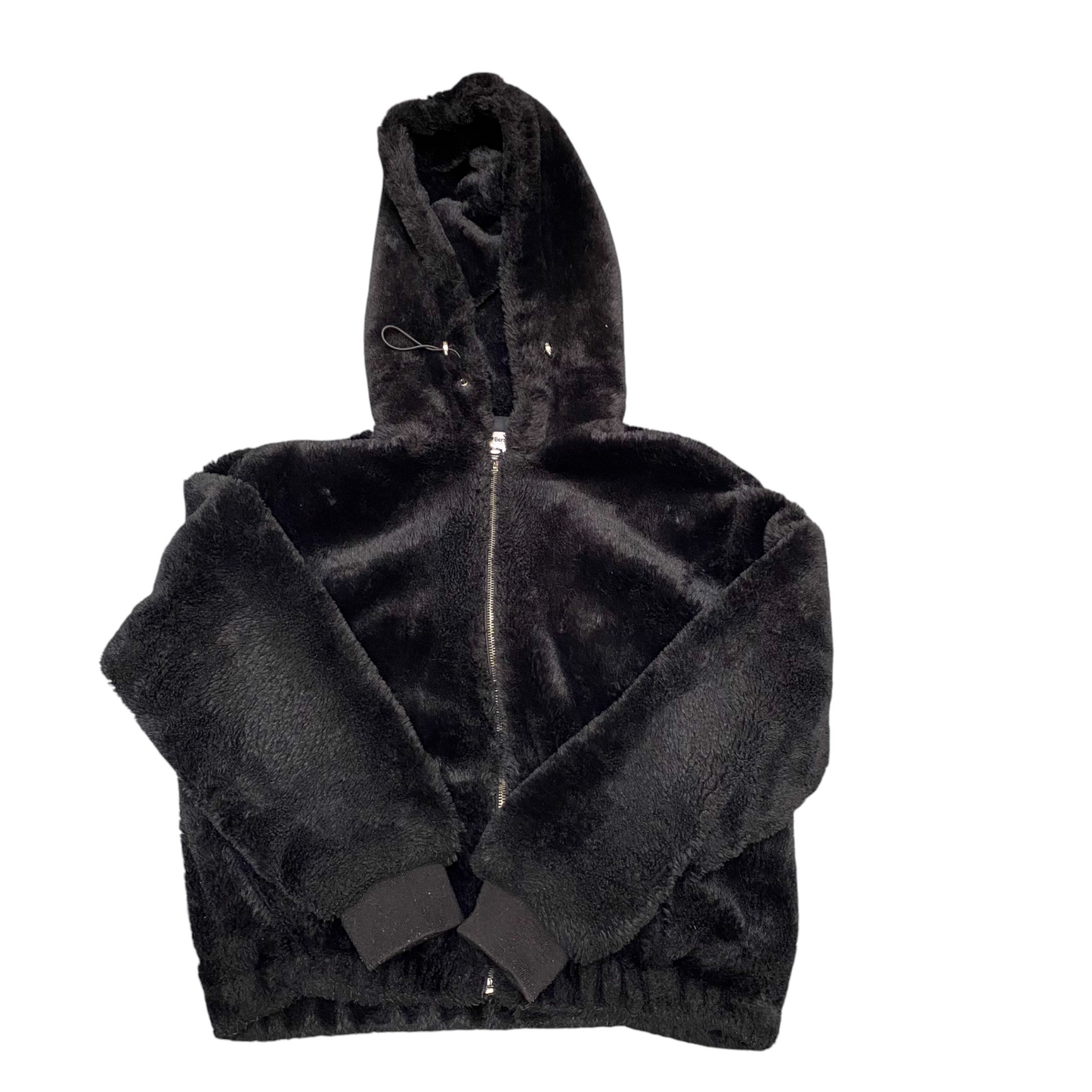 Bershka Faux Fur Hooded Jacket Womens Medium Black Cropped Long Sleeve Full Zip