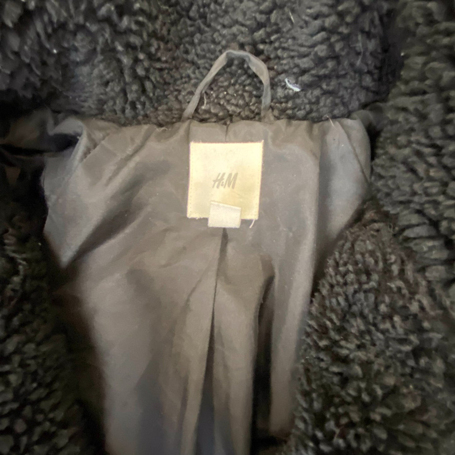 H&M Trench Coat Womens Medium Black Sherpa Fleece Notch Colla Warm Open Front