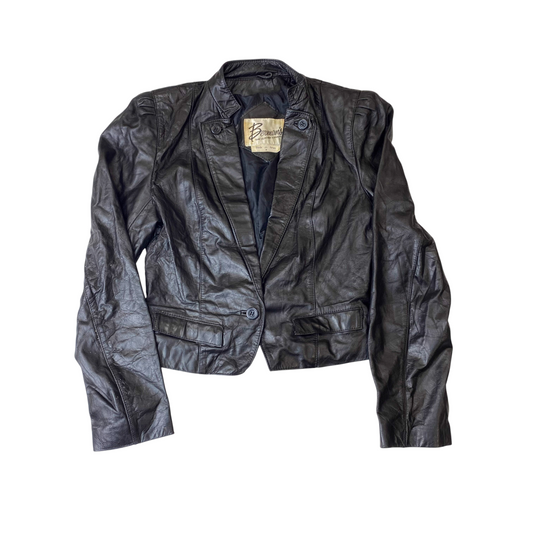 Bermans Jacket Womens Small Black Genuine Leather Long Sleeve Button Front