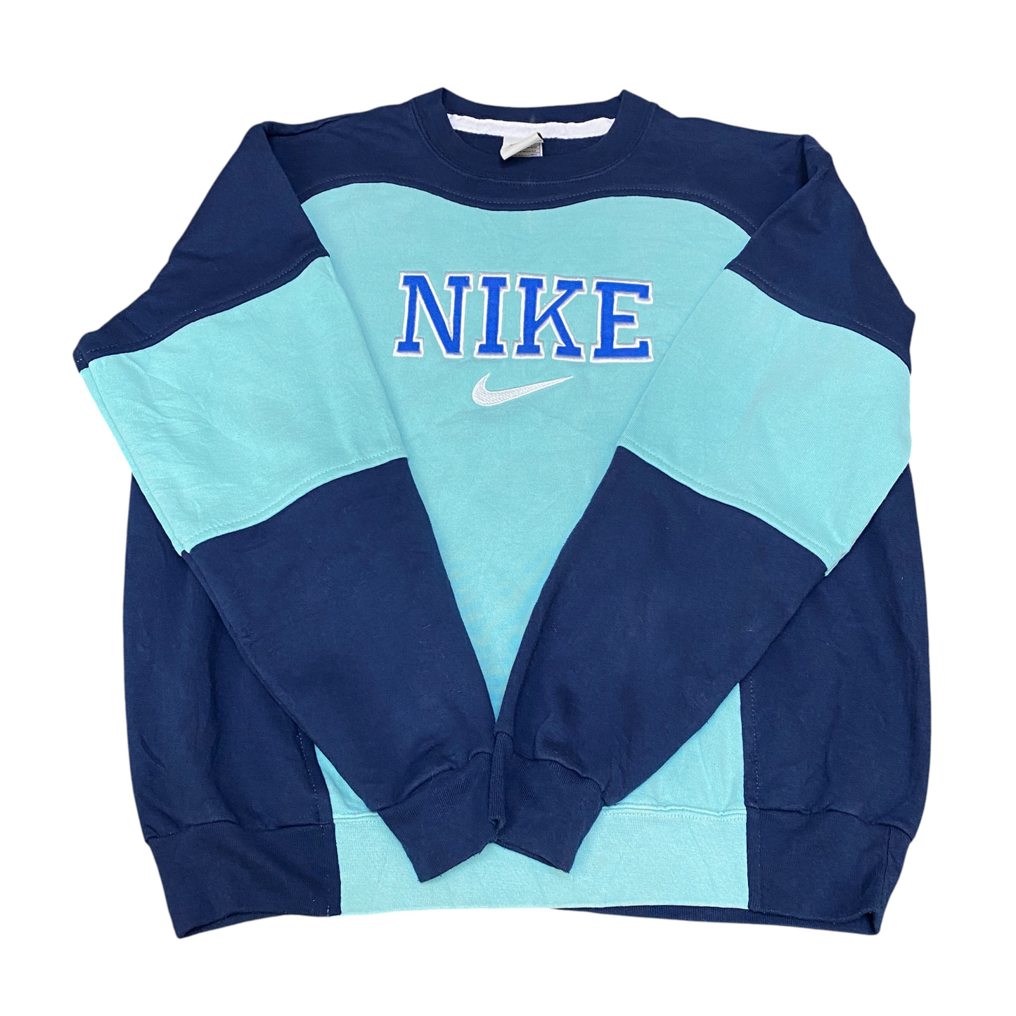 Nike Reworked Sweatshirt Mens M Navy Blue Embroidered Spellout Logo Vintage Y2K