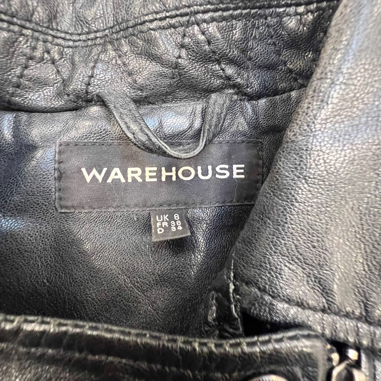 Warehouse Leather Biker Jacket Womens S Black Lined Collared Asymmetrical Zip