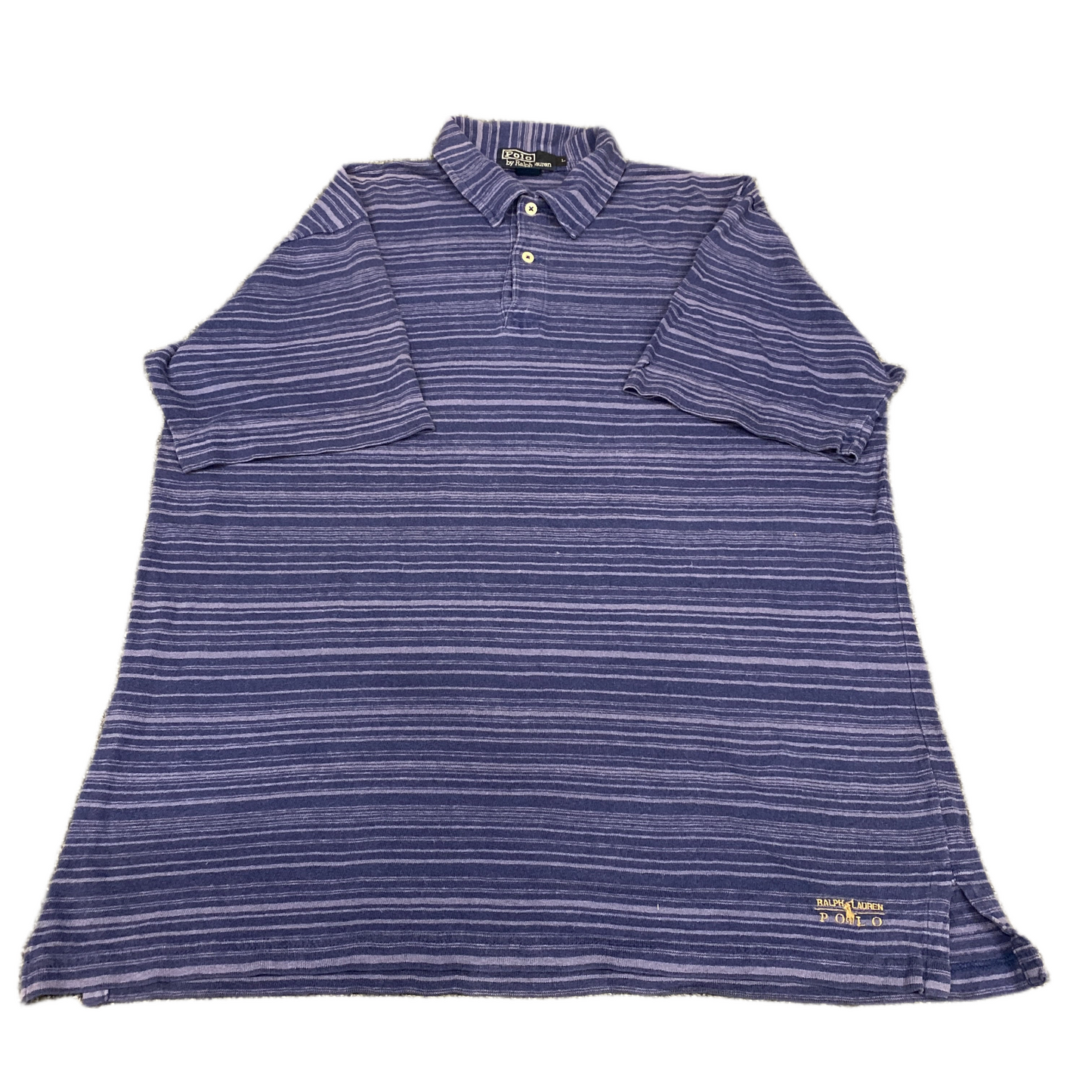 Ralph Lauren Polo Shirt Men L Navy Purple Striped Short Sleeve Side Slit Popover
