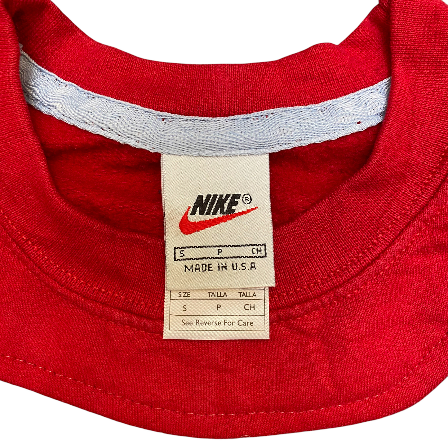 Nike Reworked Sweatshirt Mens S Red Black Embroidered Spellout Logo Crew Neck
