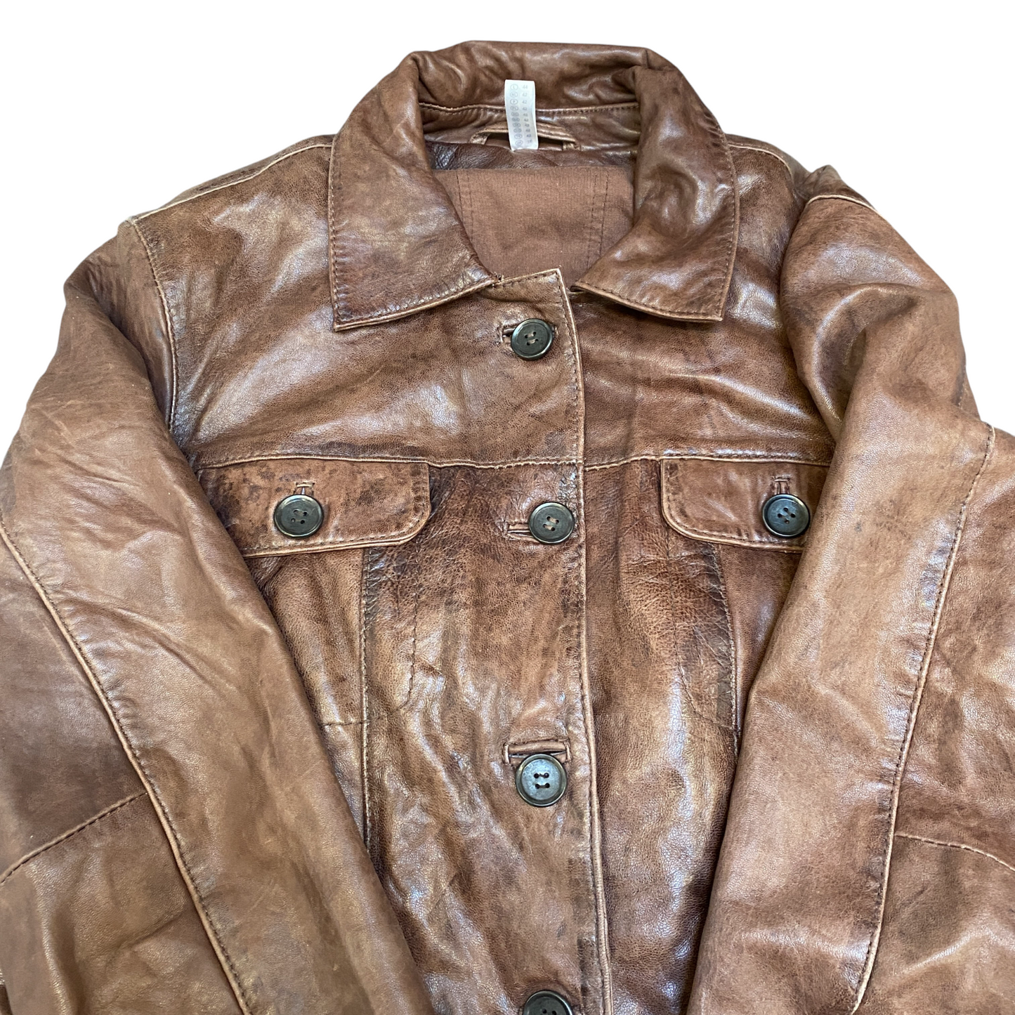 Womens Leather Jacket Medium Brown Classic Long Sleeve Collared Button Front