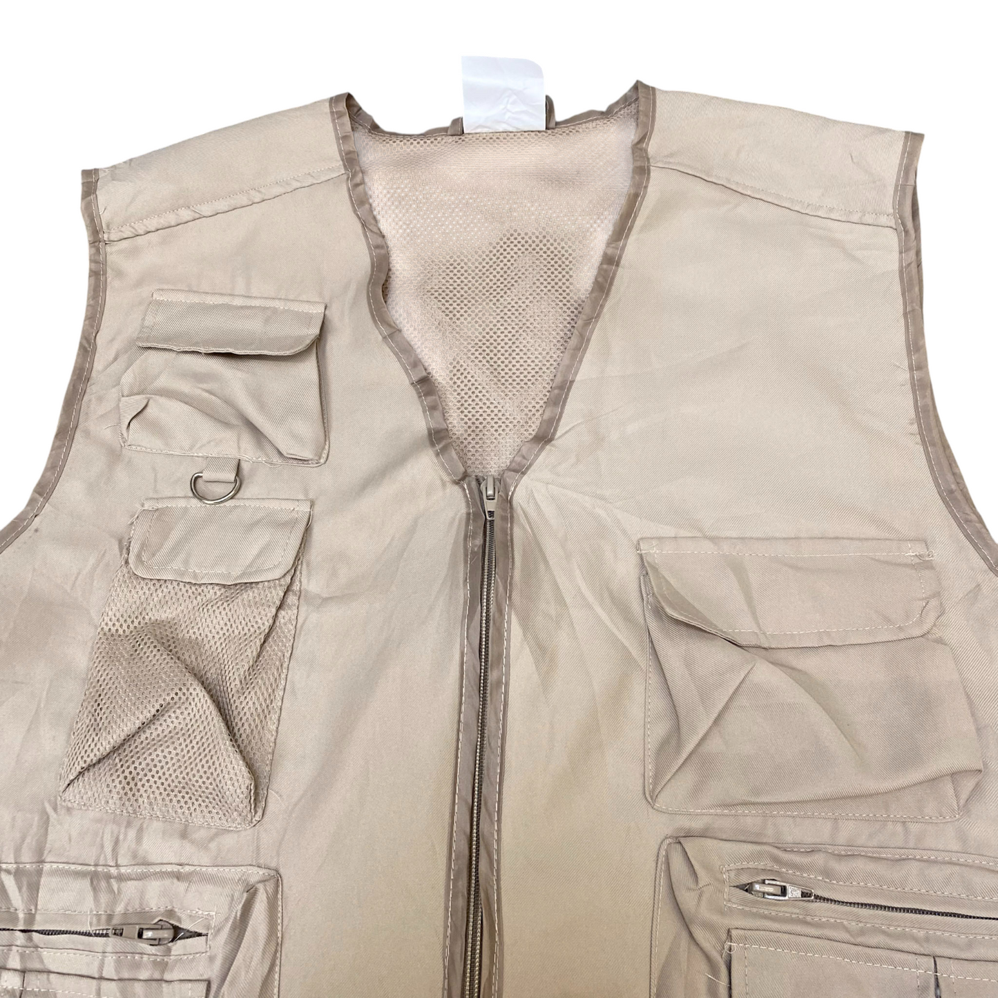 Fishing Vest Mens XXL Cream Mesh Lined Pockets Sleeveless V-Neck Full Zipper