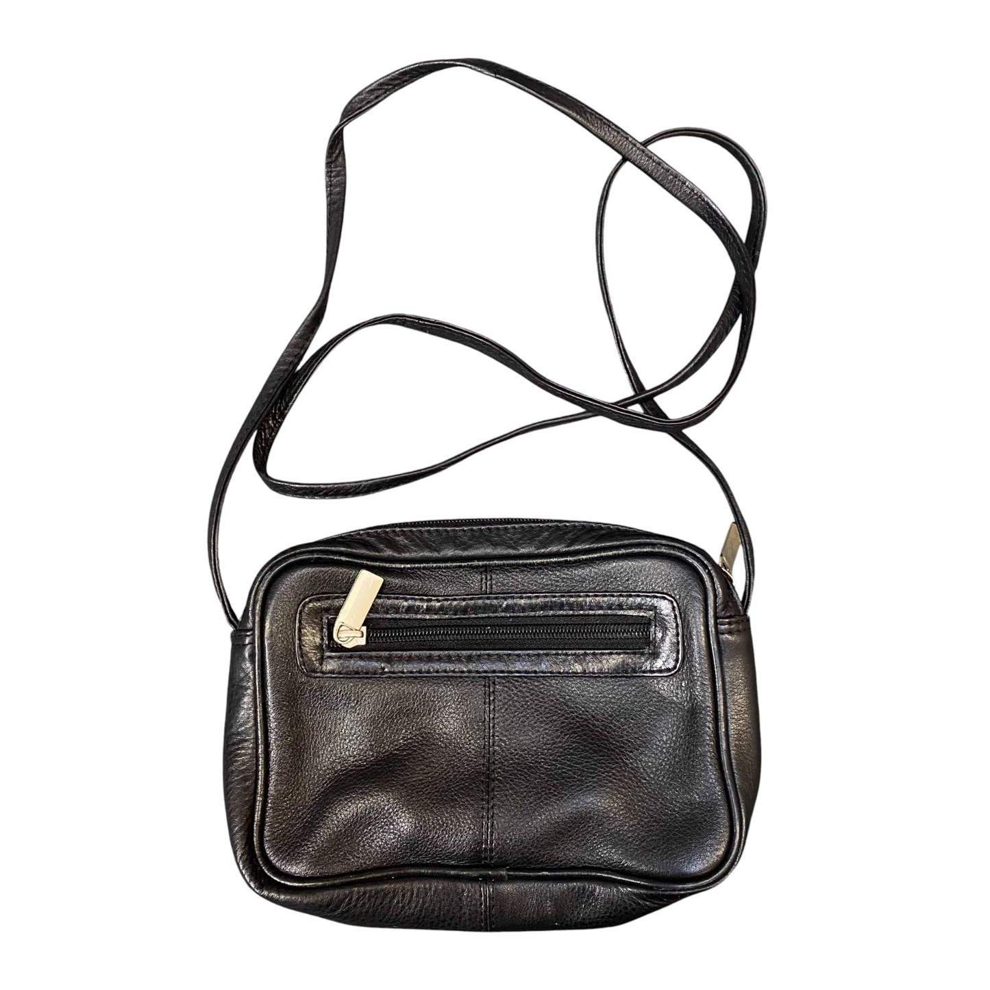 Womens Crossbody Bag Black Pebbled Leather Casual Outer Zip Pocket & Closure