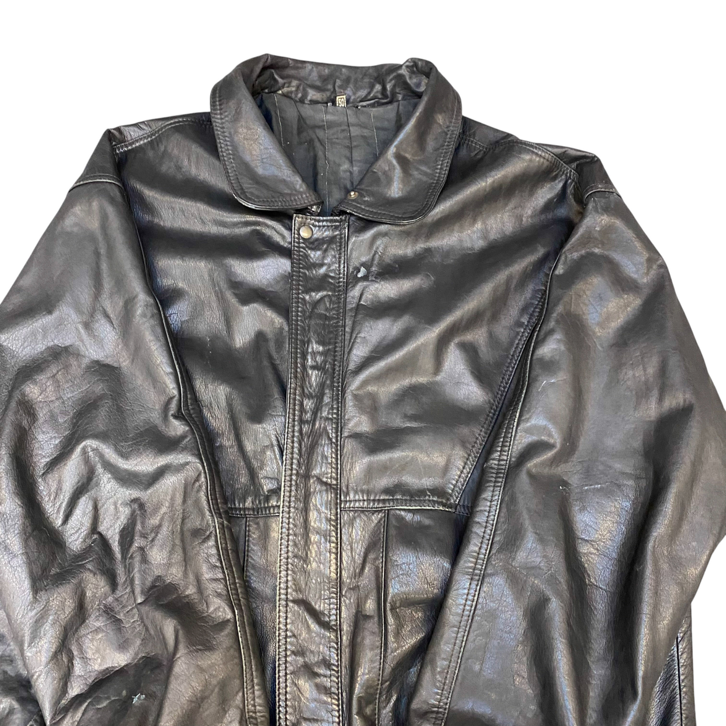 Mens Leather Jacket Large Black Lined Collared Snap Button Elasticated Hem
