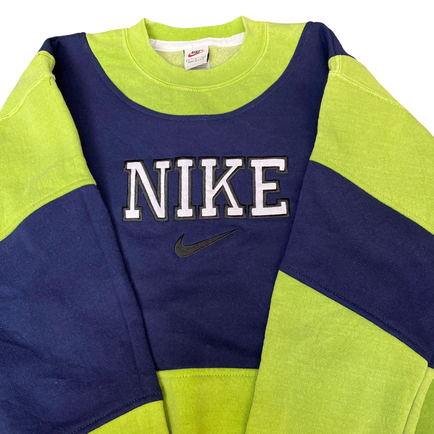 Nike Reworked Sweatshirt Mens S Green Navy Embroidered Spellout Logo Vintage Y2K